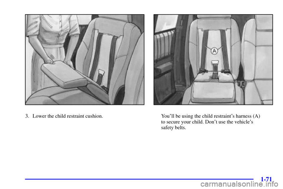 CHEVROLET VENTURE 2002 1.G Manual PDF 1-71
3. Lower the child restraint cushion.Youll be using the child restraints harness (A) 
to secure your child. Dont use the vehicles 
safety belts. 