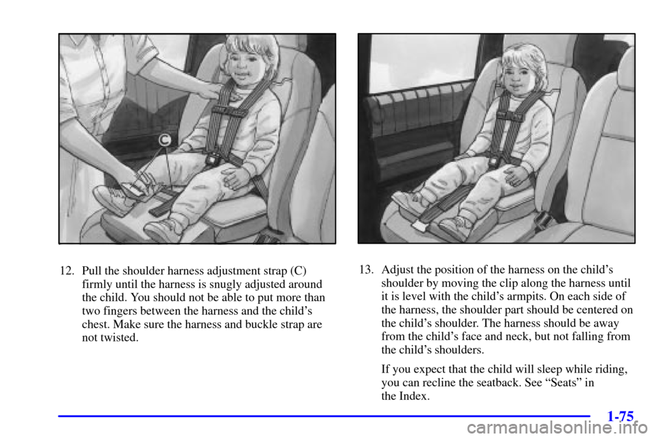 CHEVROLET VENTURE 2002 1.G Manual Online 1-75
12. Pull the shoulder harness adjustment strap (C)
firmly until the harness is snugly adjusted around
the child. You should not be able to put more than
two fingers between the harness and the ch