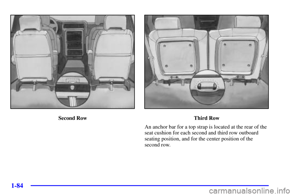 CHEVROLET VENTURE 2002 1.G Manual Online 1-84
Second RowThird Row
An anchor bar for a top strap is located at the rear of the
seat cushion for each second and third row outboard
seating position, and for the center position of the
second row