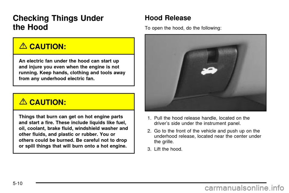 CHEVROLET VENTURE 2003 1.G Owners Manual Checking Things Under
the Hood
{CAUTION:
An electric fan under the hood can start up
and injure you even when the engine is not
running. Keep hands, clothing and tools away
from any underhood electric