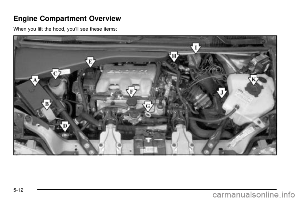 CHEVROLET VENTURE 2003 1.G Owners Manual Engine Compartment Overview
When you lift the hood, youll see these items:
5-12 CHEVROLET VENTURE 2003 1.G Owners Manual Engine Compartment Overview
When you lift the hood, youll see these items:
5-12