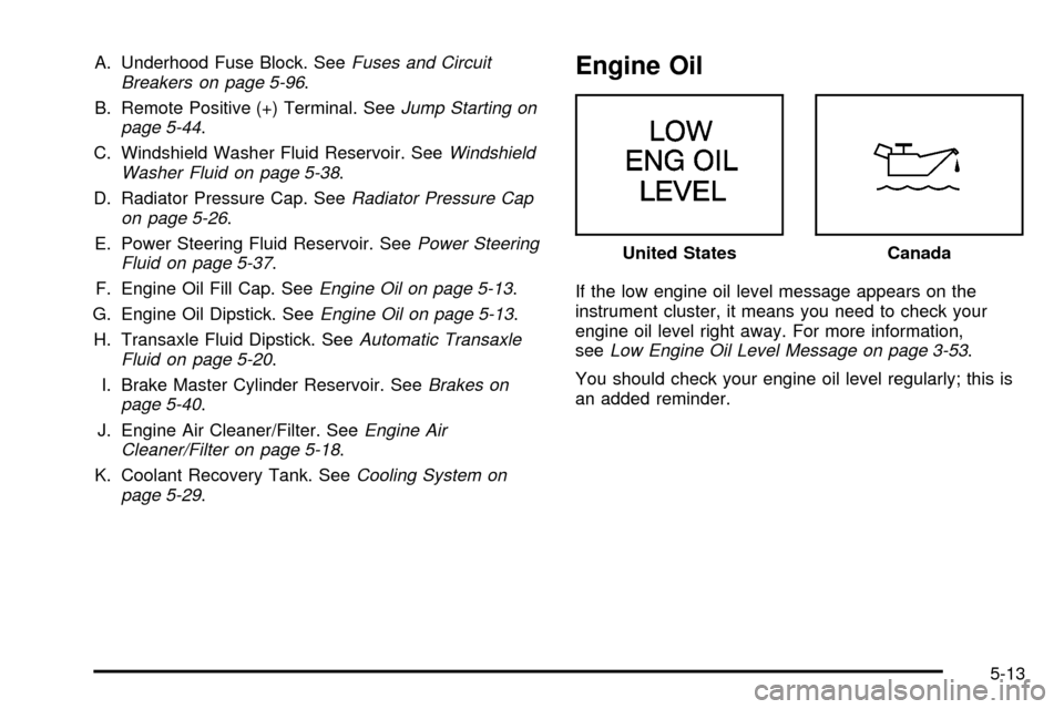 CHEVROLET VENTURE 2003 1.G Owners Manual A. Underhood Fuse Block. SeeFuses and Circuit
Breakers on page 5-96.
B. Remote Positive (+) Terminal. See
Jump Starting on
page 5-44.
C. Windshield Washer Fluid Reservoir. See
Windshield
Washer Fluid 