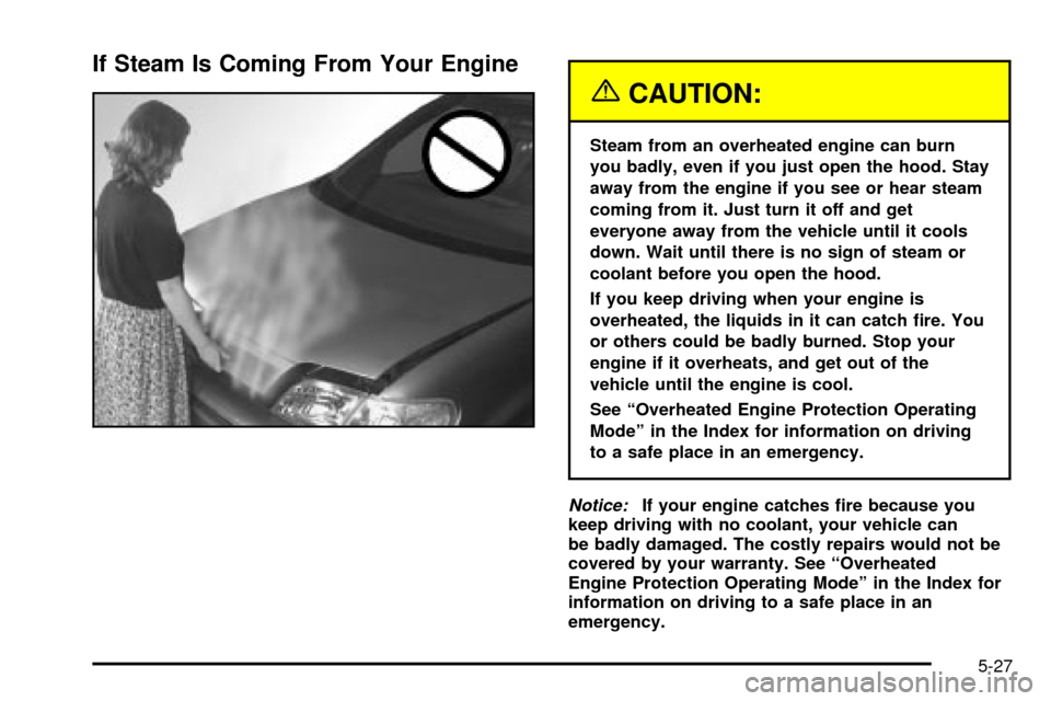 CHEVROLET VENTURE 2003 1.G Owners Manual If Steam Is Coming From Your Engine
{CAUTION:
Steam from an overheated engine can burn
you badly, even if you just open the hood. Stay
away from the engine if you see or hear steam
coming from it. Jus CHEVROLET VENTURE 2003 1.G Owners Manual If Steam Is Coming From Your Engine
{CAUTION:
Steam from an overheated engine can burn
you badly, even if you just open the hood. Stay
away from the engine if you see or hear steam
coming from it. Jus