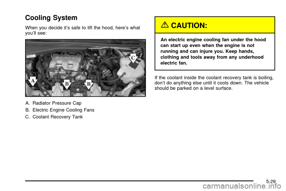 CHEVROLET VENTURE 2003 1.G Owners Manual Cooling System
When you decide its safe to lift the hood, heres what
youll see:
A. Radiator Pressure Cap
B. Electric Engine Cooling Fans
C. Coolant Recovery Tank{CAUTION:
An electric engine cooling CHEVROLET VENTURE 2003 1.G Owners Manual Cooling System
When you decide its safe to lift the hood, heres what
youll see:
A. Radiator Pressure Cap
B. Electric Engine Cooling Fans
C. Coolant Recovery Tank{CAUTION:
An electric engine cooling