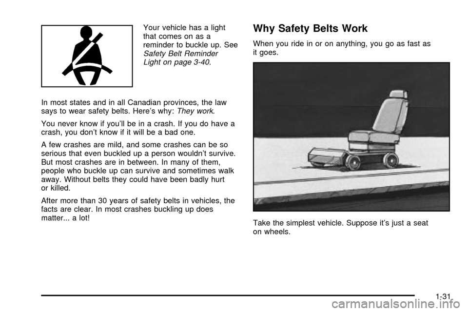 CHEVROLET VENTURE 2003 1.G Owners Manual Your vehicle has a light
that comes on as a
reminder to buckle up. See
Safety Belt Reminder
Light on page 3-40.
In most states and in all Canadian provinces, the law
says to wear safety belts. Heres 