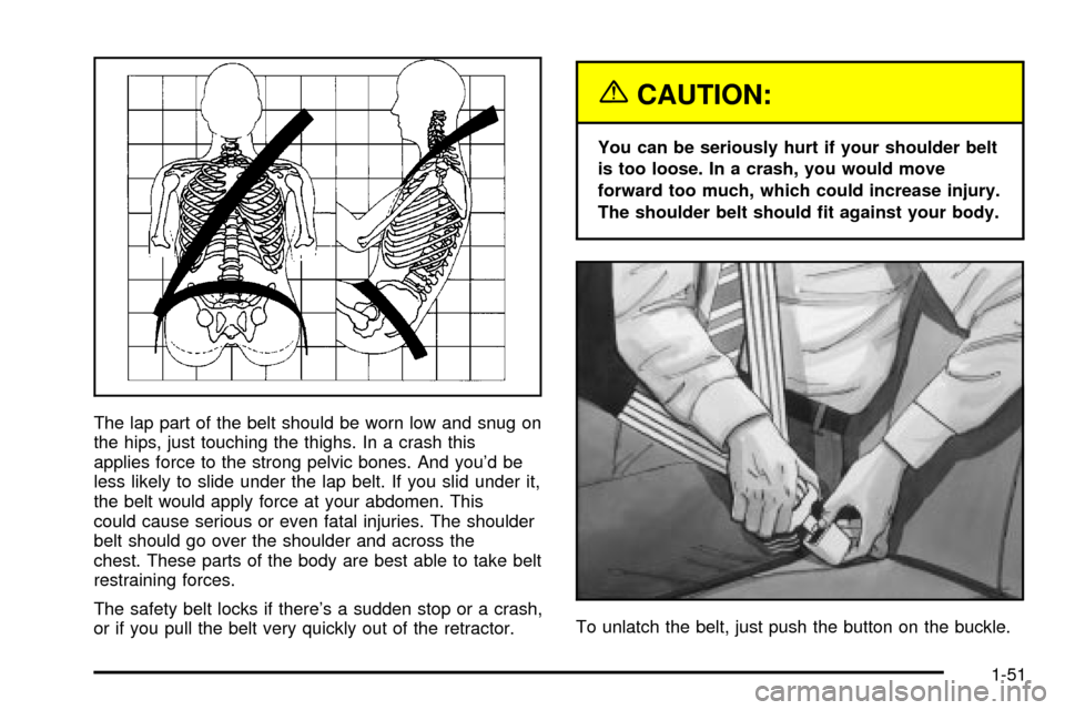 CHEVROLET VENTURE 2003 1.G Workshop Manual The lap part of the belt should be worn low and snug on
the hips, just touching the thighs. In a crash this
applies force to the strong pelvic bones. And youd be
less likely to slide under the lap be