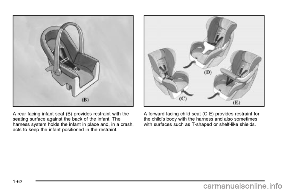 CHEVROLET VENTURE 2003 1.G Repair Manual A rear-facing infant seat (B) provides restraint with the
seating surface against the back of the infant. The
harness system holds the infant in place and, in a crash,
acts to keep the infant position CHEVROLET VENTURE 2003 1.G Repair Manual A rear-facing infant seat (B) provides restraint with the
seating surface against the back of the infant. The
harness system holds the infant in place and, in a crash,
acts to keep the infant position