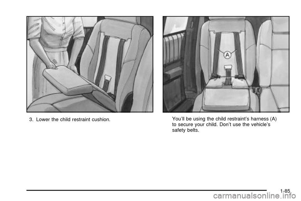 CHEVROLET VENTURE 2003 1.G Owners Manual 3. Lower the child restraint cushion.Youll be using the child restraints harness (A)
to secure your child. Dont use the vehicles
safety belts.
1-85 