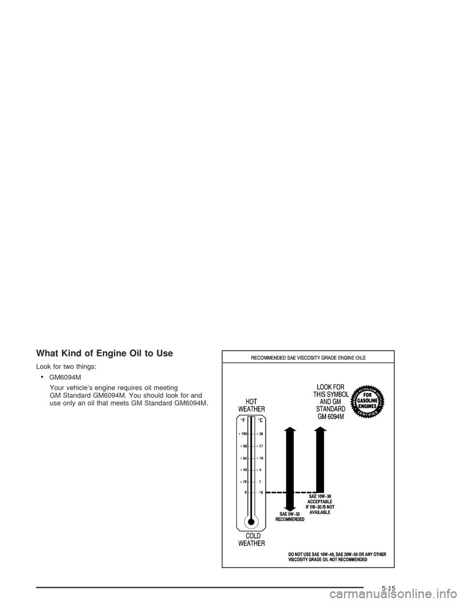 CHEVROLET VENTURE 2004 1.G Owners Manual What Kind of Engine Oil to Use
Look for two things:
GM6094M
Your vehicle’s engine requires oil meeting
GM Standard GM6094M. You should look for and
use only an oil that meets GM Standard GM6094M.
5