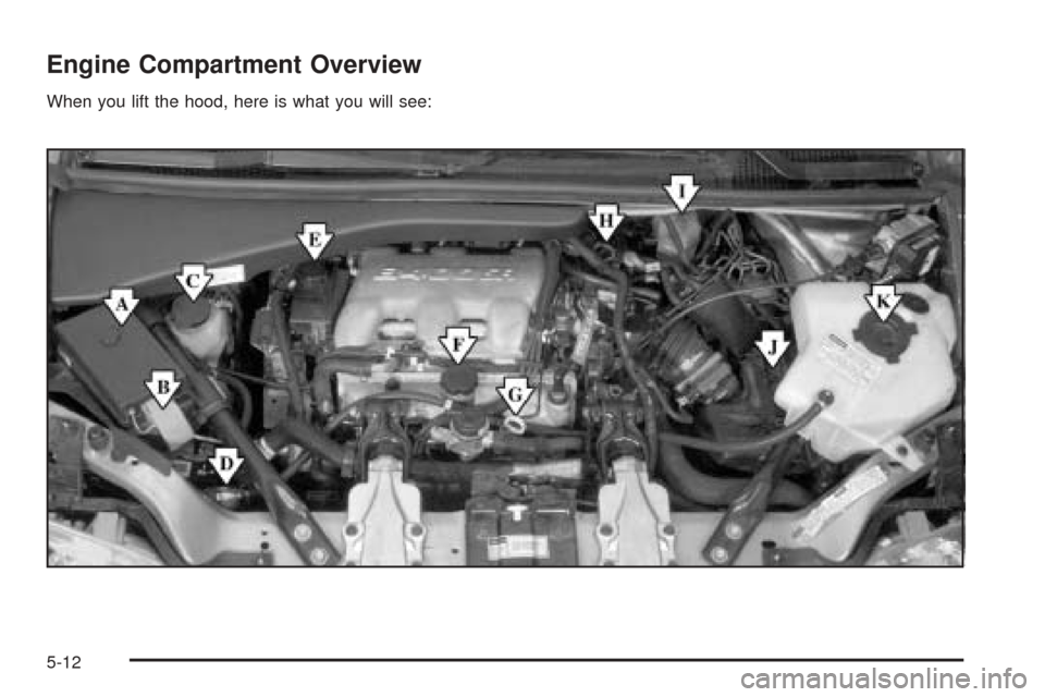 CHEVROLET VENTURE 2005 1.G Owners Manual Engine Compartment Overview
When you lift the hood, here is what you will see:
5-12 