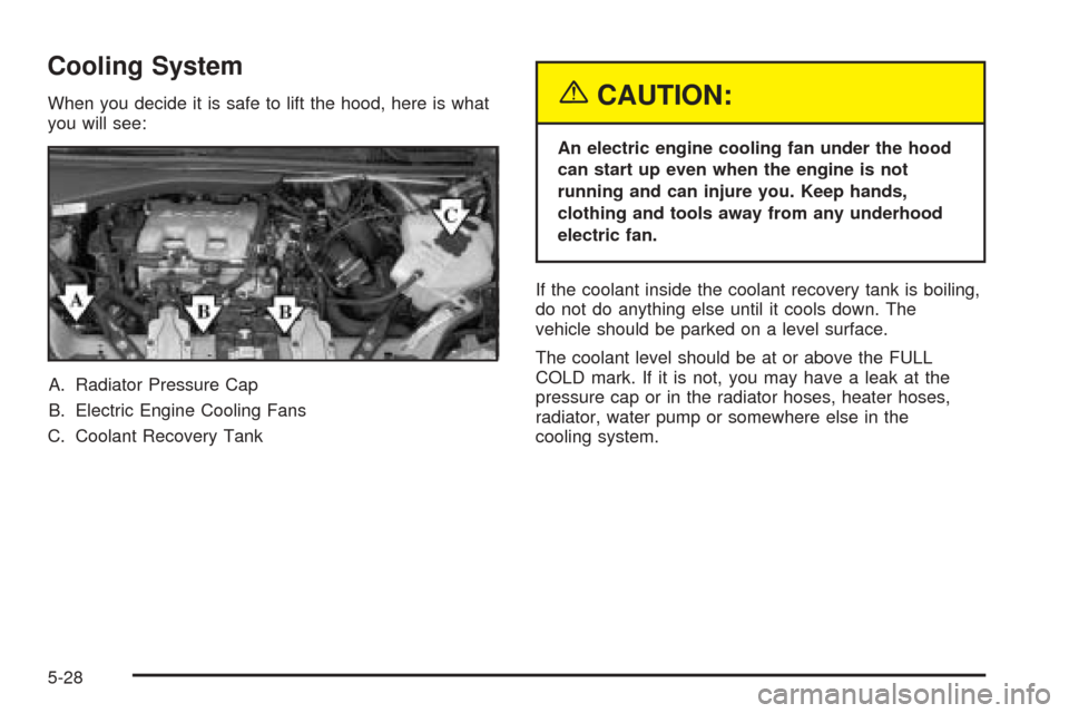 CHEVROLET VENTURE 2005 1.G Owners Manual Cooling System
When you decide it is safe to lift the hood, here is what
you will see:
A. Radiator Pressure Cap
B. Electric Engine Cooling Fans
C. Coolant Recovery Tank{CAUTION:
An electric engine coo