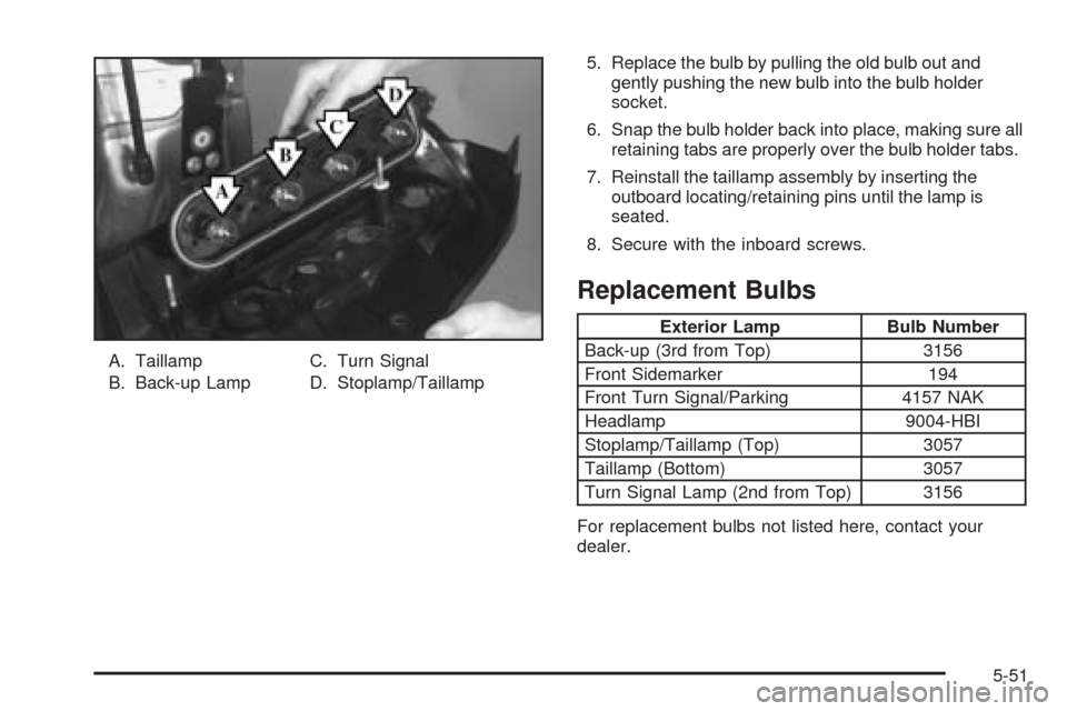 CHEVROLET VENTURE 2005 1.G Owners Manual A. Taillamp
B. Back-up LampC. Turn Signal
D. Stoplamp/Taillamp5. Replace the bulb by pulling the old bulb out and
gently pushing the new bulb into the bulb holder
socket.
6. Snap the bulb holder back CHEVROLET VENTURE 2005 1.G Owners Manual A. Taillamp
B. Back-up LampC. Turn Signal
D. Stoplamp/Taillamp5. Replace the bulb by pulling the old bulb out and
gently pushing the new bulb into the bulb holder
socket.
6. Snap the bulb holder back