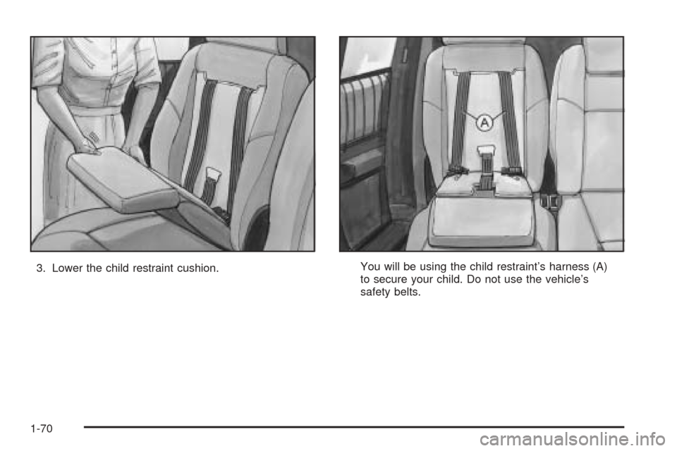 CHEVROLET VENTURE 2005 1.G Manual PDF 3. Lower the child restraint cushion.You will be using the child restraint’s harness (A)
to secure your child. Do not use the vehicle’s
safety belts.
1-70 CHEVROLET VENTURE 2005 1.G Manual PDF 3. Lower the child restraint cushion.You will be using the child restraint’s harness (A)
to secure your child. Do not use the vehicle’s
safety belts.
1-70
