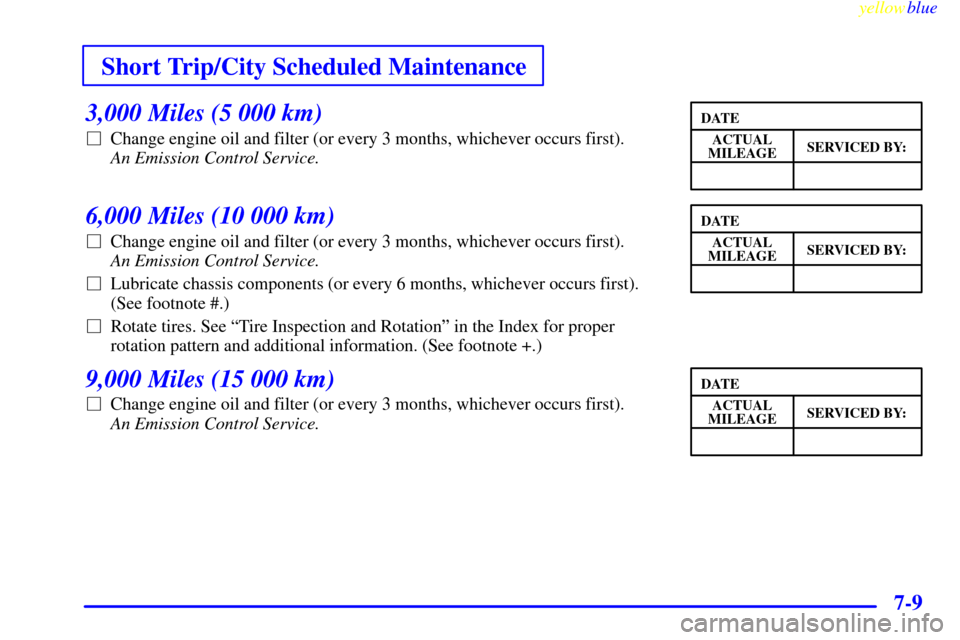 CHEVROLET VENTURE 1999 1.G Owners Manual Short Trip/City Scheduled Maintenance
yellowblue     
7-9
3,000 Miles (5 000 km)
Change engine oil and filter (or every 3 months, whichever occurs first). 
An Emission Control Service. 
6,000 Miles (