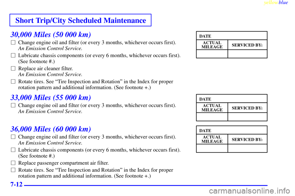 CHEVROLET VENTURE 1999 1.G Owners Manual Short Trip/City Scheduled Maintenance
yellowblue     
7-12
30,000 Miles (50 000 km)
Change engine oil and filter (or every 3 months, whichever occurs first). 
An Emission Control Service. 
Lubricate