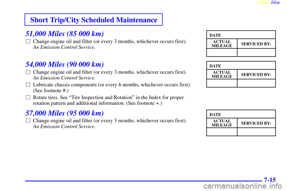 CHEVROLET VENTURE 1999 1.G Owners Manual Short Trip/City Scheduled Maintenance
yellowblue     
7-15
51,000 Miles (85 000 km)
Change engine oil and filter (or every 3 months, whichever occurs first).
An Emission Control Service. 
54,000 Mile