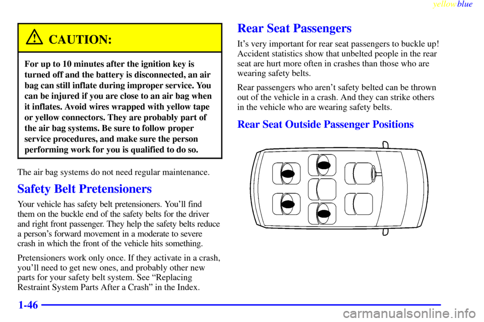 CHEVROLET VENTURE 1999 1.G Workshop Manual yellowblue
1-46
CAUTION:
For up to 10 minutes after the ignition key is
turned off and the battery is disconnected, an air
bag can still inflate during improper service. You
can be injured if you CHEVROLET VENTURE 1999 1.G Workshop Manual yellowblue
1-46
CAUTION:
For up to 10 minutes after the ignition key is
turned off and the battery is disconnected, an air
bag can still inflate during improper service. You
can be injured if you