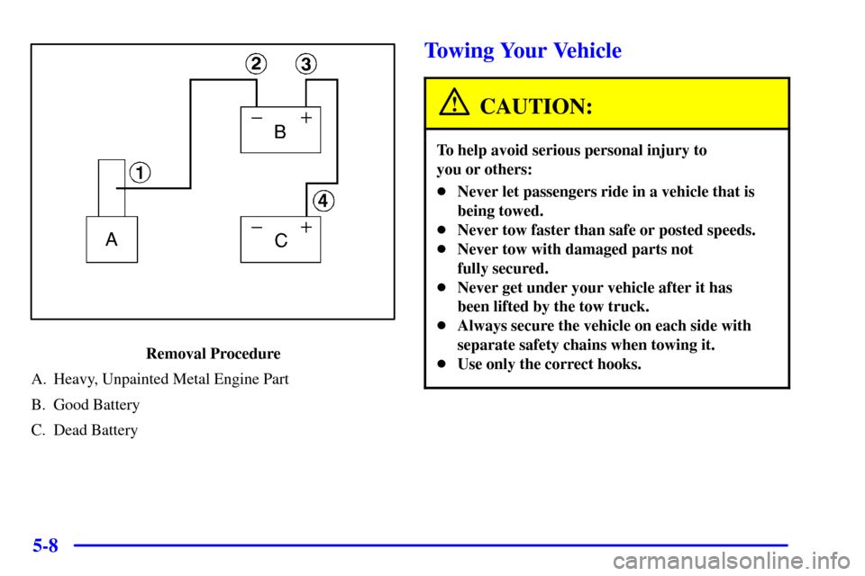 CHEVROLET VENTURE 2000 1.G Owners Manual 5-8
Removal Procedure
A. Heavy, Unpainted Metal Engine Part
B. Good Battery
C. Dead Battery
Towing Your Vehicle
CAUTION:
To help avoid serious personal injury to 
you or others:
Never let passengers 