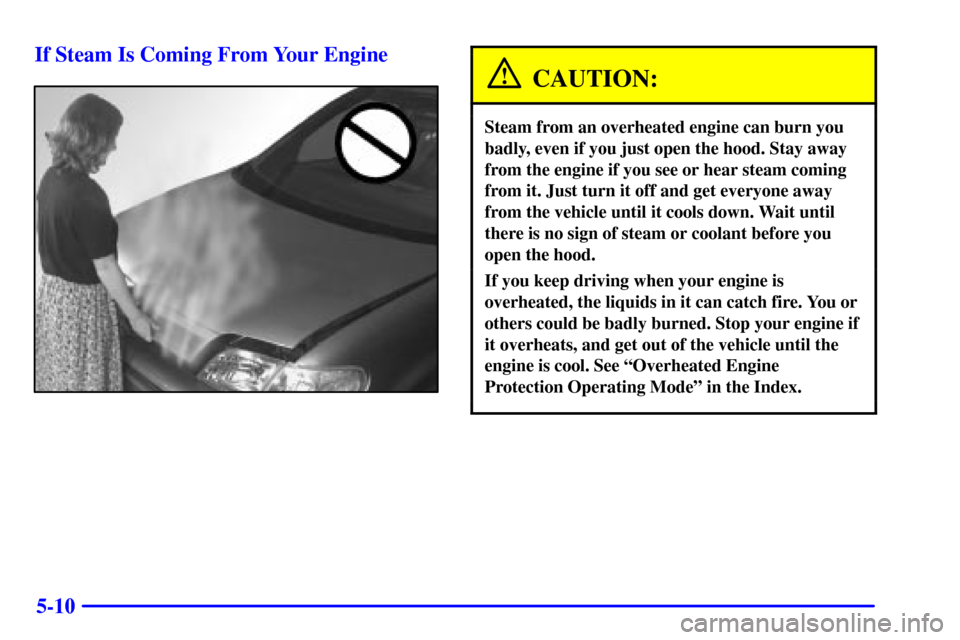 CHEVROLET VENTURE 2000 1.G Owners Manual 5-10 If Steam Is Coming From Your Engine
CAUTION:
Steam from an overheated engine can burn you
badly, even if you just open the hood. Stay away
from the engine if you see or hear steam coming
from it.