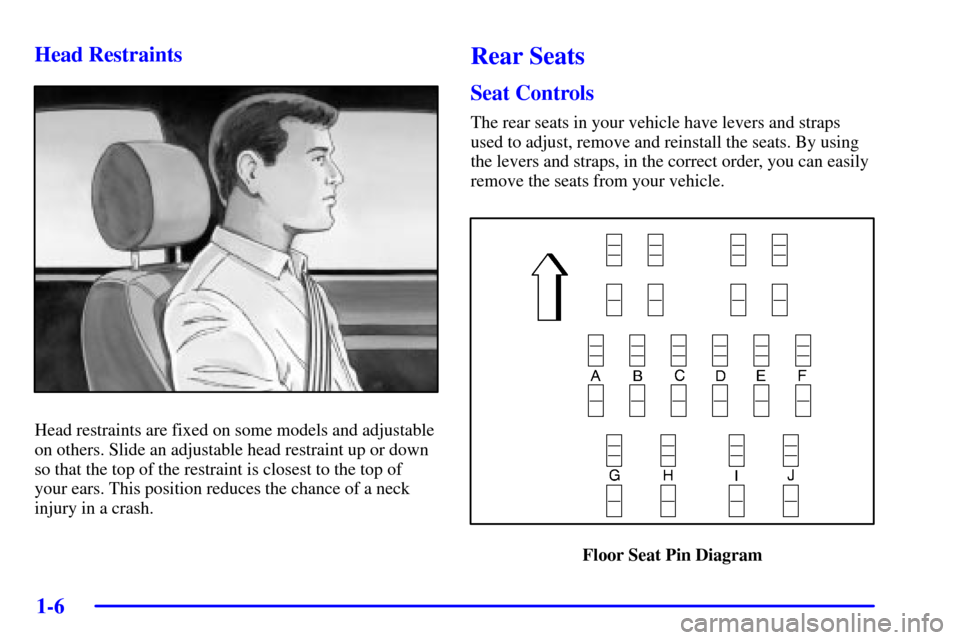 CHEVROLET VENTURE 2001 1.G User Guide 1-6 Head Restraints
Head restraints are fixed on some models and adjustable
on others. Slide an adjustable head restraint up or down
so that the top of the restraint is closest to the top of
your ears
