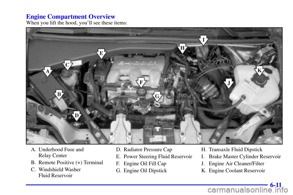 CHEVROLET VENTURE 2001 1.G Owners Manual 6-11 Engine Compartment Overview
When you lift the hood, youll see these items:
A. Underhood Fuse and 
Relay Center
B. Remote Positive (+) Terminal
C. Windshield Washer 
Fluid ReservoirD. Radiator Pr