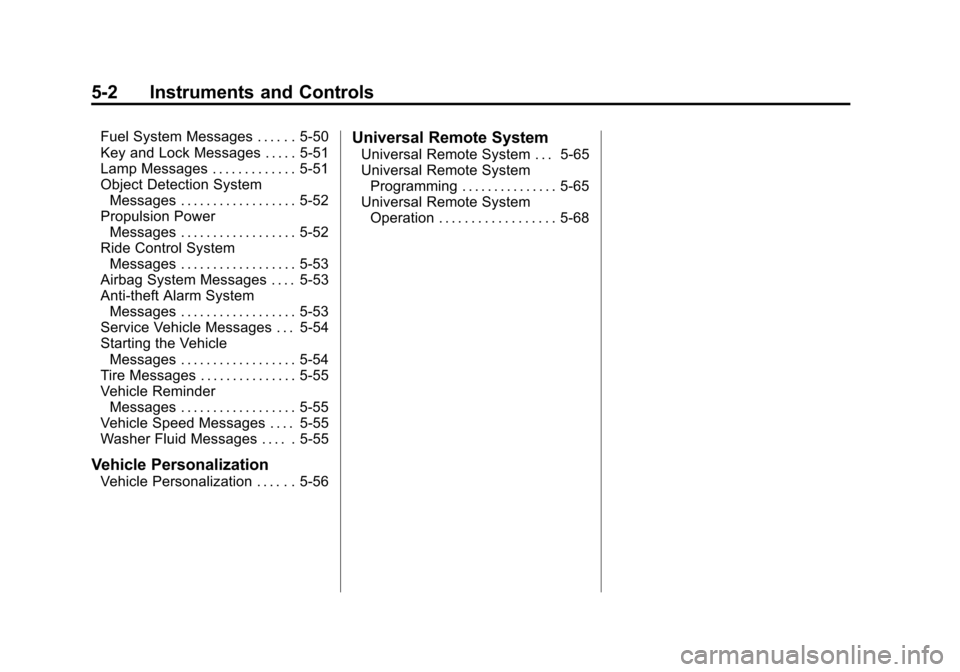 CHEVROLET VOLT 2012 1.G Owners Manual Black plate (2,1)Chevrolet Volt Owner Manual - 2012
5-2 Instruments and Controls
Fuel System Messages . . . . . . 5-50
Key and Lock Messages . . . . . 5-51
Lamp Messages . . . . . . . . . . . . . 5-51