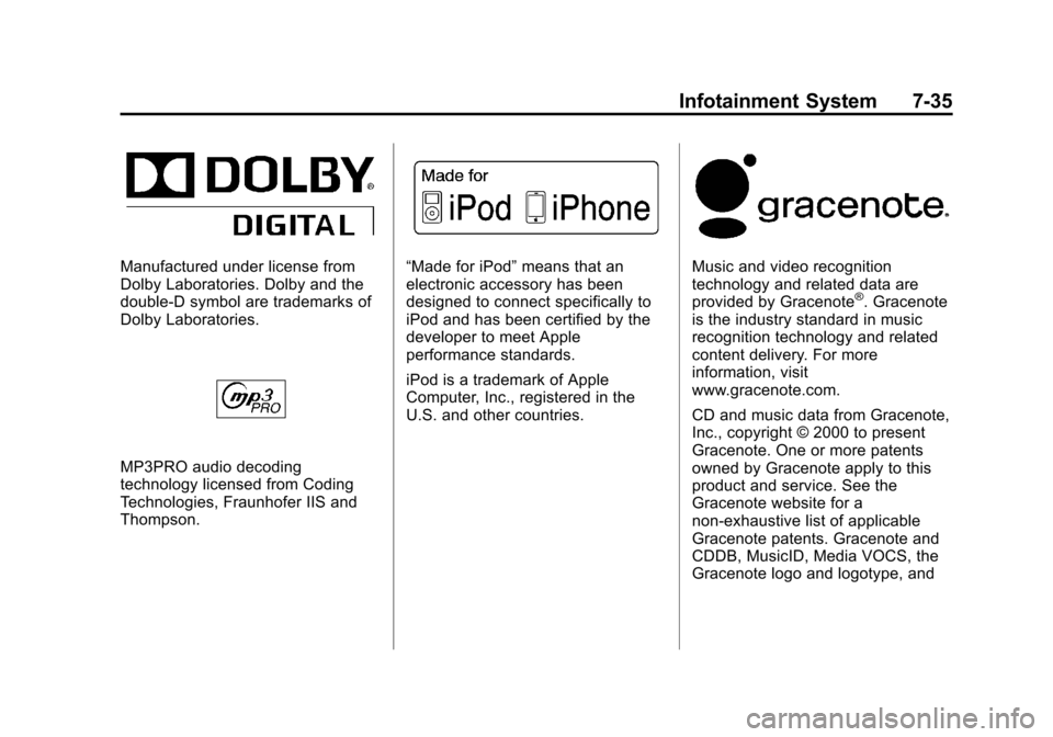 CHEVROLET VOLT 2012 1.G Owners Manual Black plate (35,1)Chevrolet Volt Owner Manual - 2012
Infotainment System 7-35
Manufactured under license from
Dolby Laboratories. Dolby and the
double-D symbol are trademarks of
Dolby Laboratories.
MP CHEVROLET VOLT 2012 1.G Owners Manual Black plate (35,1)Chevrolet Volt Owner Manual - 2012
Infotainment System 7-35
Manufactured under license from
Dolby Laboratories. Dolby and the
double-D symbol are trademarks of
Dolby Laboratories.
MP