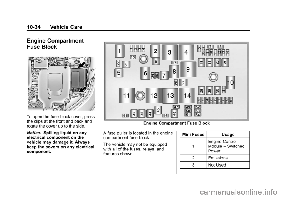 CHEVROLET VOLT 2012 1.G Owners Manual Black plate (34,1)Chevrolet Volt Owner Manual - 2012
10-34 Vehicle Care
Engine Compartment
Fuse Block
To open the fuse block cover, press
the clips at the front and back and
rotate the cover up to the