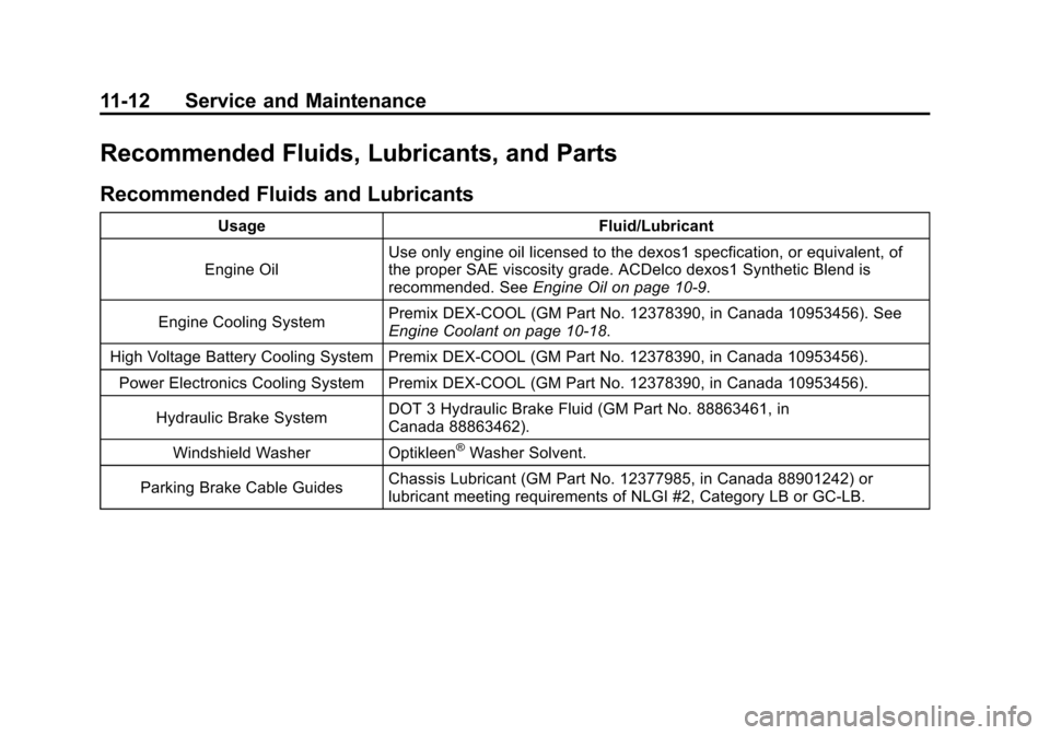 CHEVROLET VOLT 2012 1.G Owners Manual Black plate (12,1)Chevrolet Volt Owner Manual - 2012
11-12 Service and Maintenance
Recommended Fluids, Lubricants, and Parts
Recommended Fluids and Lubricants
UsageFluid/Lubricant
Engine Oil Use only CHEVROLET VOLT 2012 1.G Owners Manual Black plate (12,1)Chevrolet Volt Owner Manual - 2012
11-12 Service and Maintenance
Recommended Fluids, Lubricants, and Parts
Recommended Fluids and Lubricants
UsageFluid/Lubricant
Engine Oil Use only
