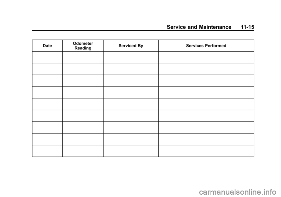 CHEVROLET VOLT 2012 1.G Owners Manual Black plate (15,1)Chevrolet Volt Owner Manual - 2012
Service and Maintenance 11-15
DateOdometer
Reading Serviced By Services Performed CHEVROLET VOLT 2012 1.G Owners Manual Black plate (15,1)Chevrolet Volt Owner Manual - 2012
Service and Maintenance 11-15
DateOdometer
Reading Serviced By Services Performed