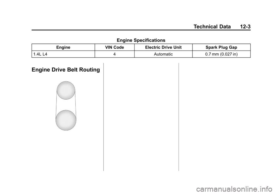 CHEVROLET VOLT 2012 1.G Owners Manual Black plate (3,1)Chevrolet Volt Owner Manual - 2012
Technical Data 12-3
Engine Specifications
EngineVIN CodeElectric Drive Unit Spark Plug Gap
1.4L L4 4Automatic 0.7 mm (0.027 in)
Engine Drive Belt Ro