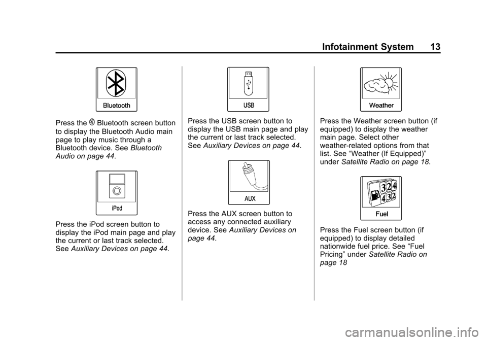 CHEVROLET VOLT 2013 1.G Infotainment Manual Black plate (13,1)Chevrolet Volt Infotainment System - 2013 - CRC - 5/16/12
Infotainment System 13
Press theEBluetooth screen button
to display the Bluetooth Audio main
page to play music through a
Bl