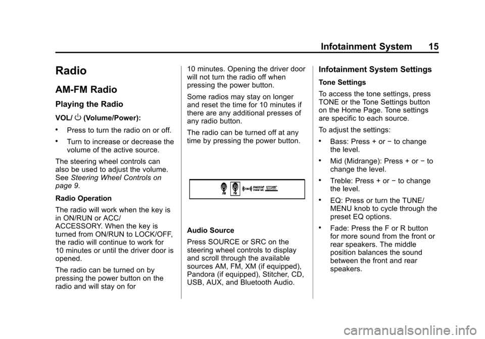 CHEVROLET VOLT 2013 1.G Infotainment Manual Black plate (15,1)Chevrolet Volt Infotainment System - 2013 - CRC - 5/16/12
Infotainment System 15
Radio
AM-FM Radio
Playing the Radio
VOL/O(Volume/Power):
.Press to turn the radio on or off.
.Turn to