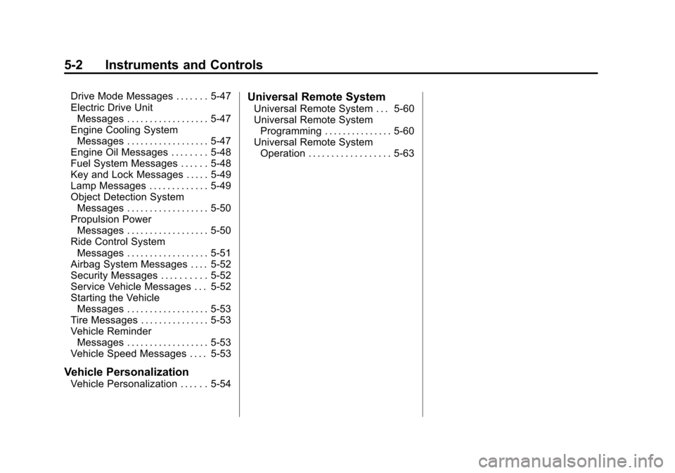 CHEVROLET VOLT 2014 1.G User Guide (2,1)Chevrolet VOLT Owner Manual (GMNA-Localizing-U.S./Canada-6014139) -
2014 - CRC - 9/16/13
5-2 Instruments and Controls
Drive Mode Messages . . . . . . . 5-47
Electric Drive UnitMessages . . . . . 