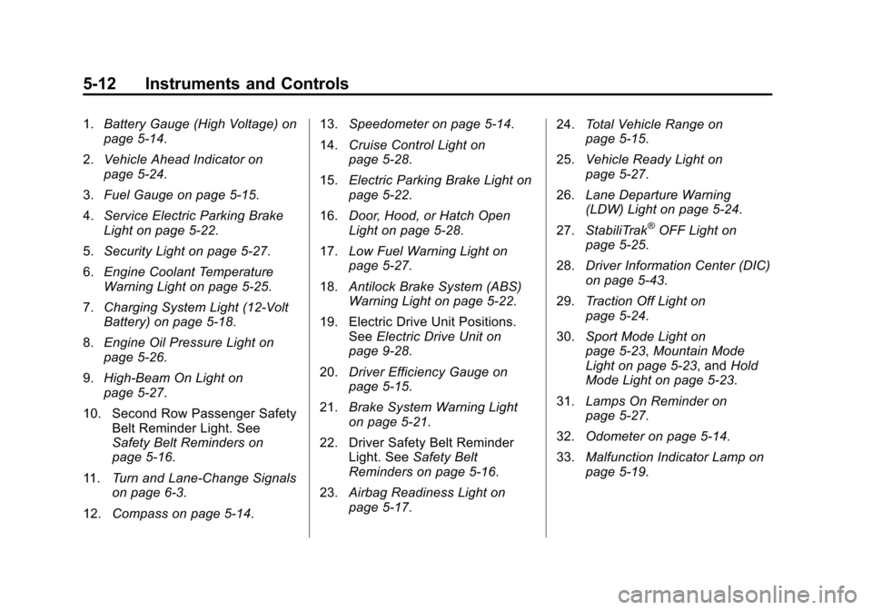 CHEVROLET VOLT 2014 1.G Owners Manual (12,1)Chevrolet VOLT Owner Manual (GMNA-Localizing-U.S./Canada-6014139) -
2014 - CRC - 9/16/13
5-12 Instruments and Controls
1.Battery Gauge (High Voltage) on
page 5-14.
2. Vehicle Ahead Indicator on
CHEVROLET VOLT 2014 1.G Owners Manual (12,1)Chevrolet VOLT Owner Manual (GMNA-Localizing-U.S./Canada-6014139) -
2014 - CRC - 9/16/13
5-12 Instruments and Controls
1.Battery Gauge (High Voltage) on
page 5-14.
2. Vehicle Ahead Indicator on