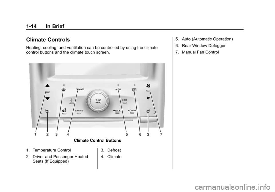 CHEVROLET VOLT 2014 1.G User Guide (14,1)Chevrolet VOLT Owner Manual (GMNA-Localizing-U.S./Canada-6014139) -
2014 - CRC - 9/16/13
1-14 In Brief
Climate Controls
Heating, cooling, and ventilation can be controlled by using the climate
c