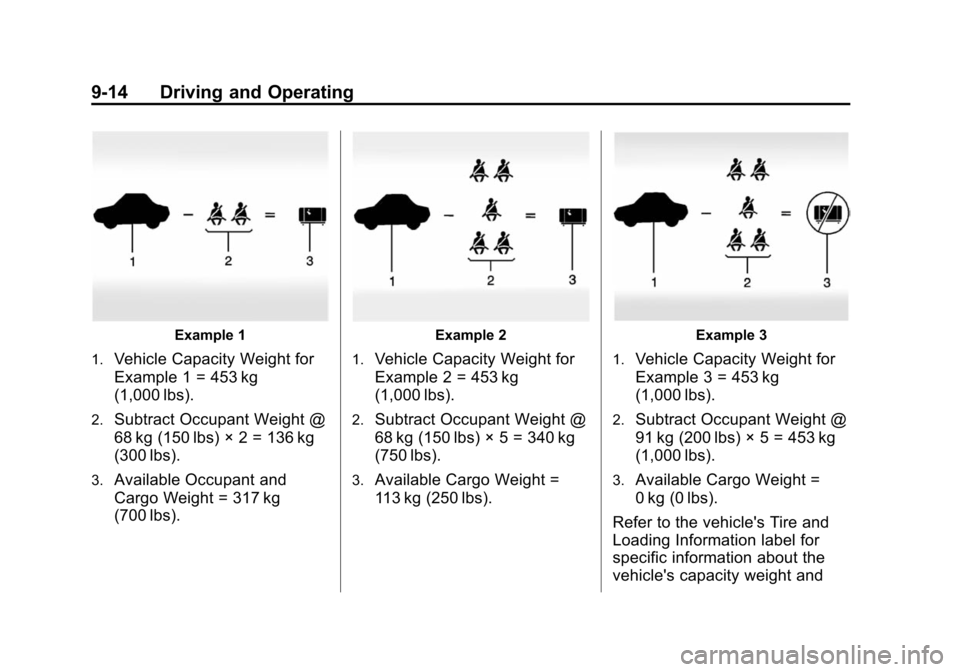 CHEVROLET VOLT 2014 1.G Owners Manual (14,1)Chevrolet VOLT Owner Manual (GMNA-Localizing-U.S./Canada-6014139) -
2014 - CRC - 9/16/13
9-14 Driving and Operating
Example 1
1.
Vehicle Capacity Weight for
Example 1 = 453 kg
(1,000 lbs).
2.Sub