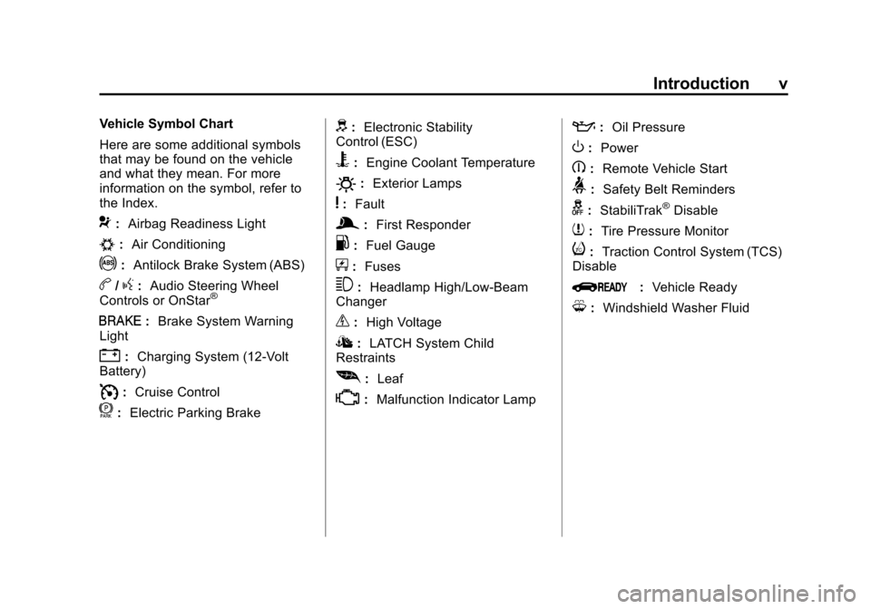 CHEVROLET VOLT 2014 1.G Owners Manual (5,1)Chevrolet VOLT Owner Manual (GMNA-Localizing-U.S./Canada-6014139) -
2014 - CRC - 9/16/13
Introduction v
Vehicle Symbol Chart
Here are some additional symbols
that may be found on the vehicle
and CHEVROLET VOLT 2014 1.G Owners Manual (5,1)Chevrolet VOLT Owner Manual (GMNA-Localizing-U.S./Canada-6014139) -
2014 - CRC - 9/16/13
Introduction v
Vehicle Symbol Chart
Here are some additional symbols
that may be found on the vehicle
and