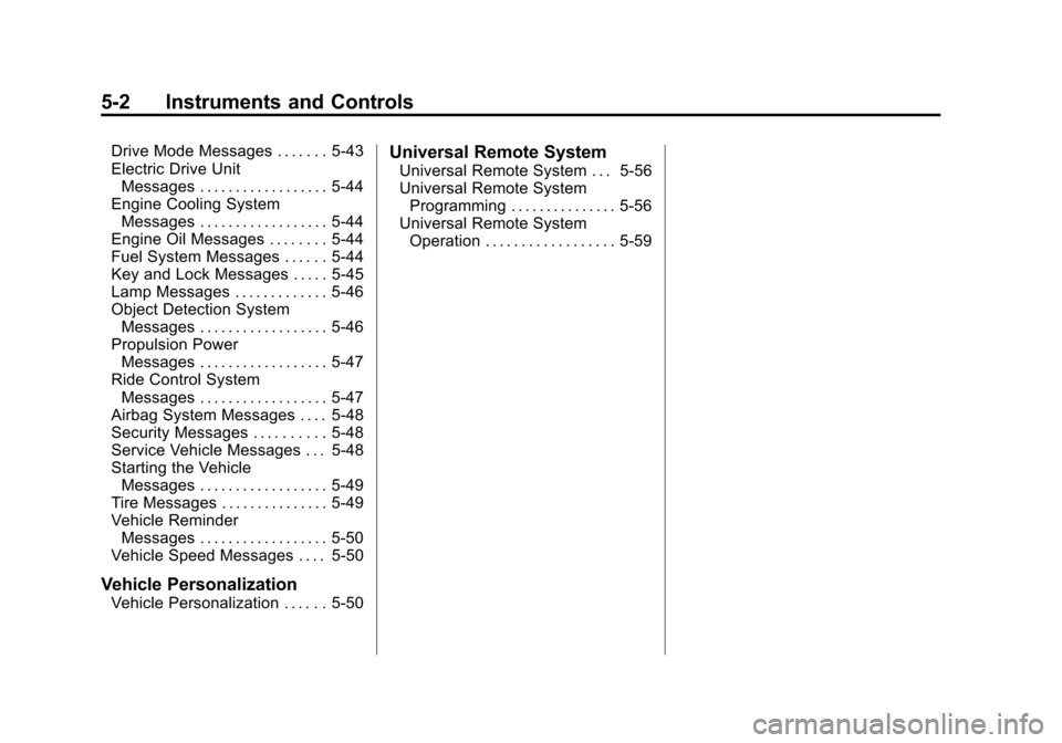 CHEVROLET VOLT 2015 2.G Owners Manual Black plate (2,1)Chevrolet VOLT Owner Manual (GMNA-Localizing-U.S./Canada-7695131) -
2015 - crc - 4/25/14
5-2 Instruments and Controls
Drive Mode Messages . . . . . . . 5-43
Electric Drive UnitMessage CHEVROLET VOLT 2015 2.G Owners Manual Black plate (2,1)Chevrolet VOLT Owner Manual (GMNA-Localizing-U.S./Canada-7695131) -
2015 - crc - 4/25/14
5-2 Instruments and Controls
Drive Mode Messages . . . . . . . 5-43
Electric Drive UnitMessage