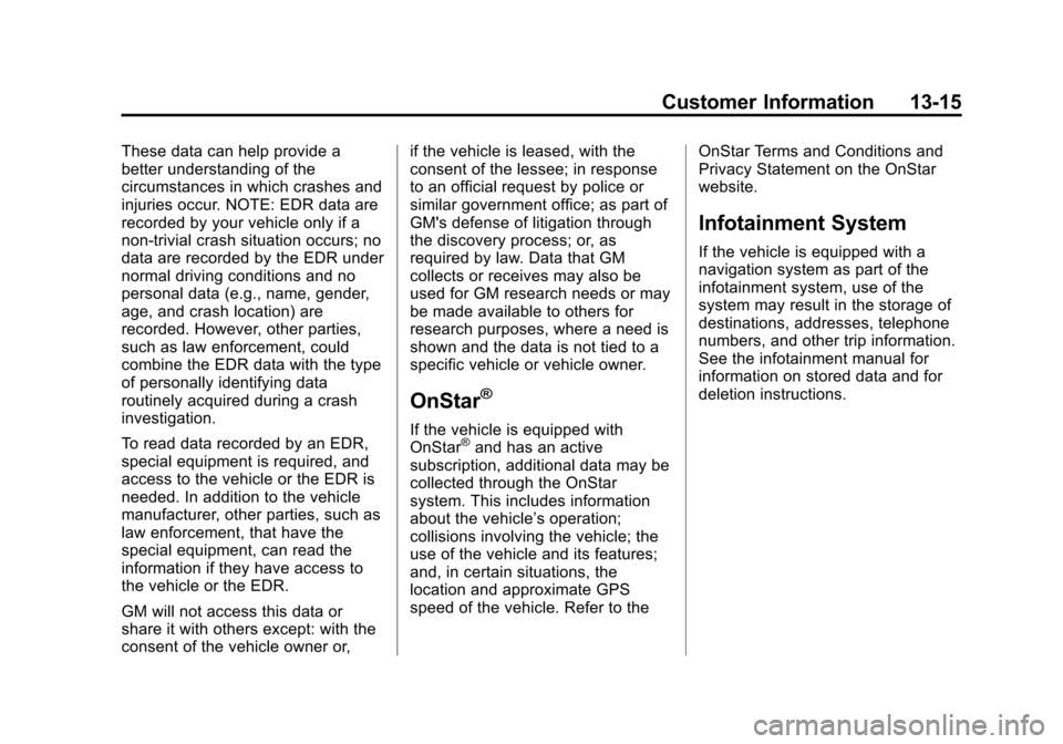 CHEVROLET VOLT 2015 2.G Owners Manual Black plate (15,1)Chevrolet VOLT Owner Manual (GMNA-Localizing-U.S./Canada-7695131) -
2015 - crc - 4/25/14
Customer Information 13-15
These data can help provide a
better understanding of the
circumst CHEVROLET VOLT 2015 2.G Owners Manual Black plate (15,1)Chevrolet VOLT Owner Manual (GMNA-Localizing-U.S./Canada-7695131) -
2015 - crc - 4/25/14
Customer Information 13-15
These data can help provide a
better understanding of the
circumst