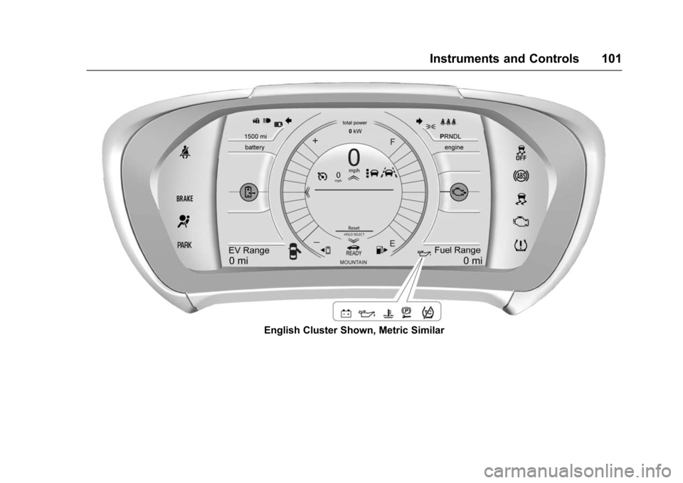 CHEVROLET VOLT 2016 2.G Owners Manual Chevrolet VOLT Owner Manual (GMNA-Localizing-U.S/Canada/Mexico-
9159388) - 2016 - crc - 5/20/15
Instruments and Controls 101
English Cluster Shown, Metric Similar CHEVROLET VOLT 2016 2.G Owners Manual Chevrolet VOLT Owner Manual (GMNA-Localizing-U.S/Canada/Mexico-
9159388) - 2016 - crc - 5/20/15
Instruments and Controls 101
English Cluster Shown, Metric Similar