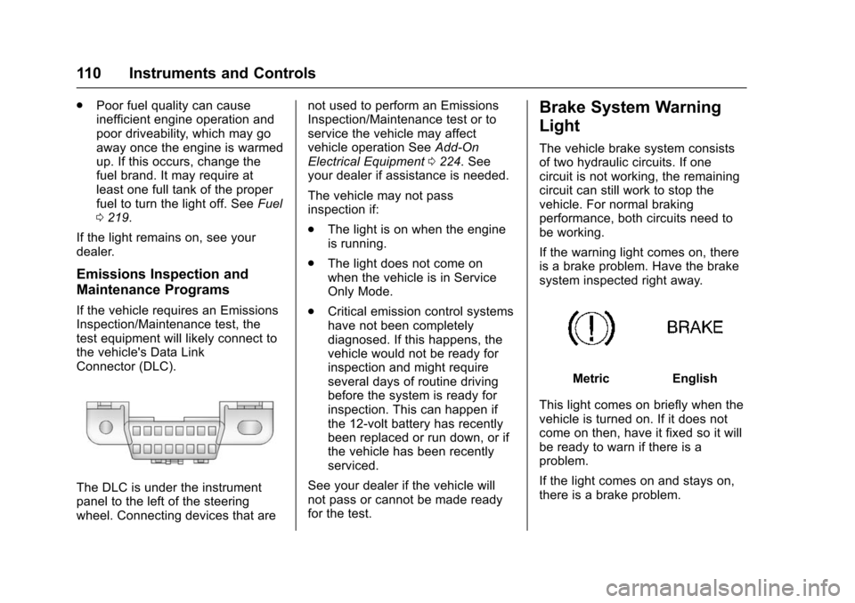 CHEVROLET VOLT 2016 2.G Owners Manual Chevrolet VOLT Owner Manual (GMNA-Localizing-U.S/Canada/Mexico-
9159388) - 2016 - crc - 5/20/15
110 Instruments and Controls
.Poor fuel quality can cause
inefficient engine operation and
poor driveabi