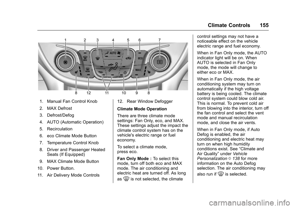 CHEVROLET VOLT 2016 2.G User Guide Chevrolet VOLT Owner Manual (GMNA-Localizing-U.S/Canada/Mexico-
9159388) - 2016 - crc - 5/20/15
Climate Controls 155
1. Manual Fan Control Knob
2. MAX Defrost
3. Defrost/Defog
4. AUTO (Automatic Opera