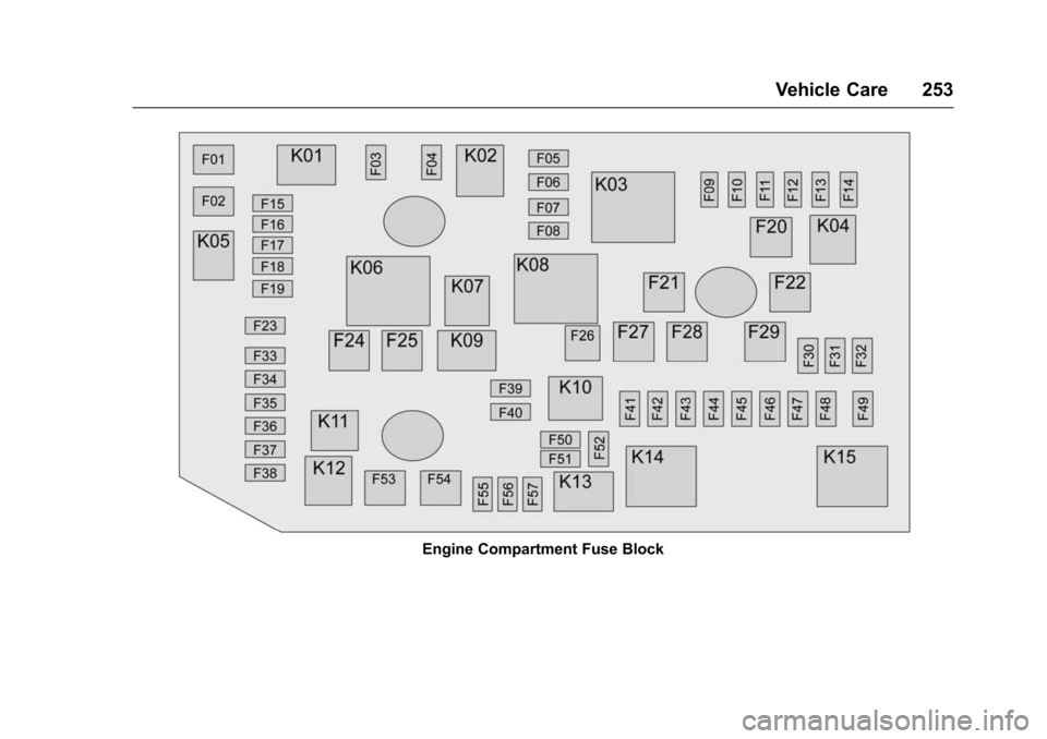 CHEVROLET VOLT 2016 2.G Owners Manual Chevrolet VOLT Owner Manual (GMNA-Localizing-U.S/Canada/Mexico-
9159388) - 2016 - crc - 5/20/15
Vehicle Care 253
Engine Compartment Fuse Block 