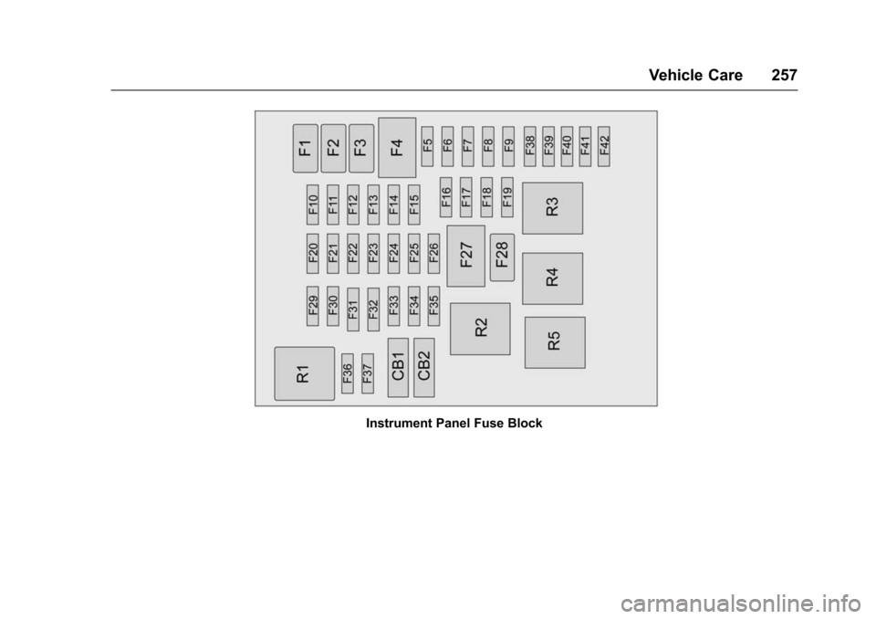 CHEVROLET VOLT 2016 2.G Owners Manual Chevrolet VOLT Owner Manual (GMNA-Localizing-U.S/Canada/Mexico-
9159388) - 2016 - crc - 5/20/15
Vehicle Care 257
Instrument Panel Fuse Block 