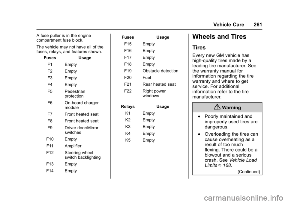 CHEVROLET VOLT 2016 2.G Owners Manual Chevrolet VOLT Owner Manual (GMNA-Localizing-U.S/Canada/Mexico-
9159388) - 2016 - crc - 5/20/15
Vehicle Care 261
A fuse puller is in the engine
compartment fuse block.
The vehicle may not have all of 