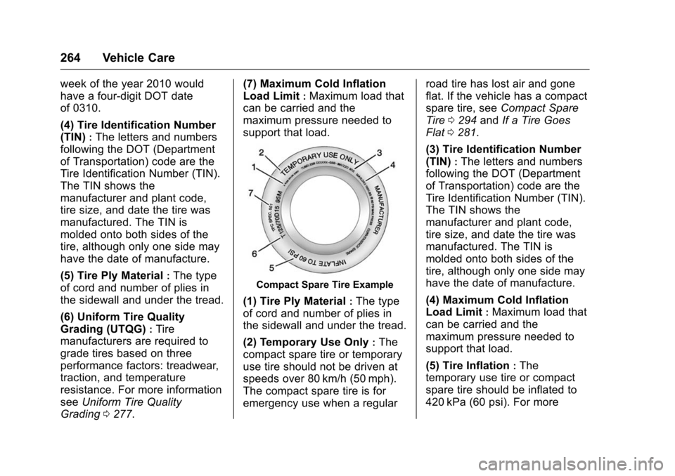 CHEVROLET VOLT 2016 2.G Owners Manual Chevrolet VOLT Owner Manual (GMNA-Localizing-U.S/Canada/Mexico-
9159388) - 2016 - crc - 5/20/15
264 Vehicle Care
week of the year 2010 would
have a four-digit DOT date
of 0310.
(4) Tire Identification CHEVROLET VOLT 2016 2.G Owners Manual Chevrolet VOLT Owner Manual (GMNA-Localizing-U.S/Canada/Mexico-
9159388) - 2016 - crc - 5/20/15
264 Vehicle Care
week of the year 2010 would
have a four-digit DOT date
of 0310.
(4) Tire Identification