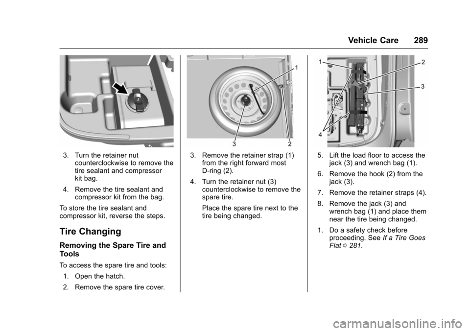 CHEVROLET VOLT 2016 2.G Owners Manual Chevrolet VOLT Owner Manual (GMNA-Localizing-U.S/Canada/Mexico-
9159388) - 2016 - crc - 5/20/15
Vehicle Care 289
3. Turn the retainer nutcounterclockwise to remove the
tire sealant and compressor
kit CHEVROLET VOLT 2016 2.G Owners Manual Chevrolet VOLT Owner Manual (GMNA-Localizing-U.S/Canada/Mexico-
9159388) - 2016 - crc - 5/20/15
Vehicle Care 289
3. Turn the retainer nutcounterclockwise to remove the
tire sealant and compressor
kit