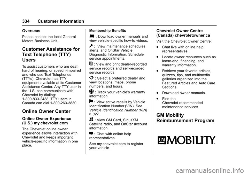 CHEVROLET VOLT 2016 2.G Owners Manual Chevrolet VOLT Owner Manual (GMNA-Localizing-U.S/Canada/Mexico-
9159388) - 2016 - crc - 5/20/15
334 Customer Information
Overseas
Please contact the local General
Motors Business Unit.
Customer Assist