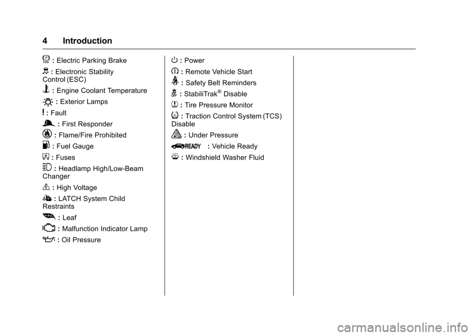 CHEVROLET VOLT 2016 2.G Owners Manual Chevrolet VOLT Owner Manual (GMNA-Localizing-U.S/Canada/Mexico-
9159388) - 2016 - crc - 5/20/15
4 Introduction
f:Electric Parking Brake
d: Electronic Stability
Control (ESC)
B: Engine Coolant Temperat